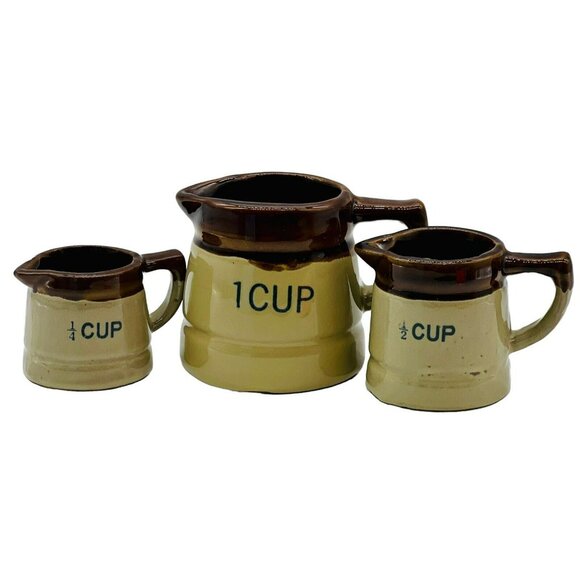 Unbranded Other - Vintage Stoneware Crock Pitcher Measuring Cup Set of 3 Brown Drip Redware